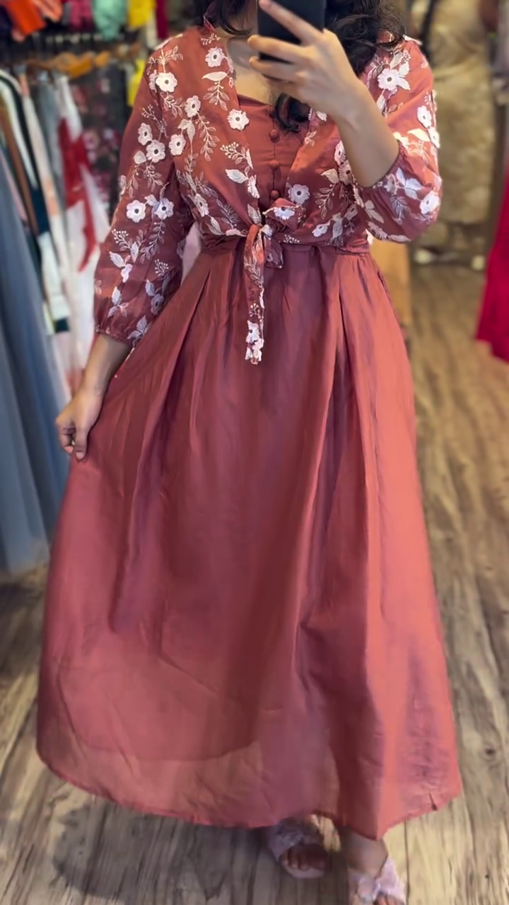 🌸 Elegant Floral Tie-Up Dress with Embroidered Shrug 🌸