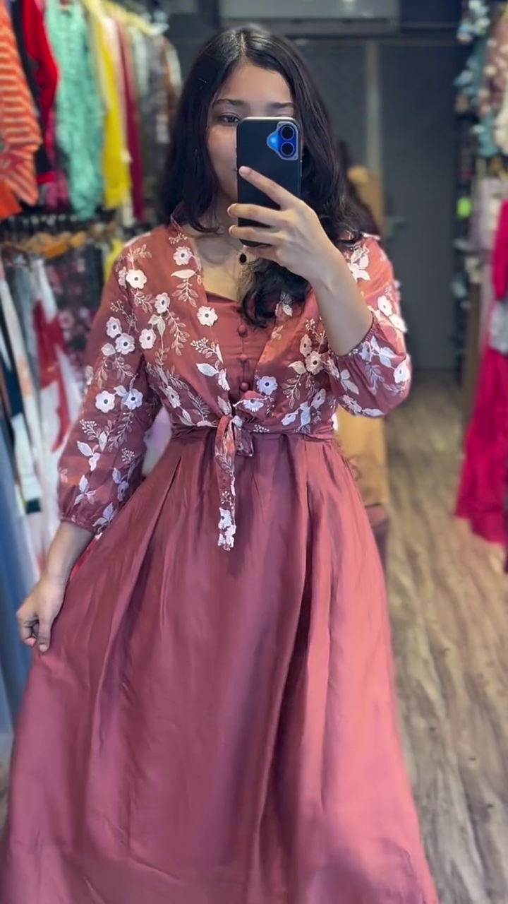 🌸 Elegant Floral Tie-Up Dress with Embroidered Shrug 🌸