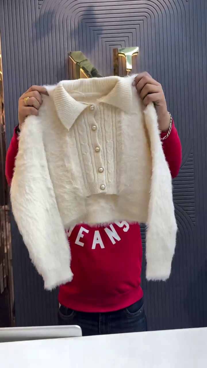 Soft Glow Furry Buttoned Crop Cardigan for Women 💛