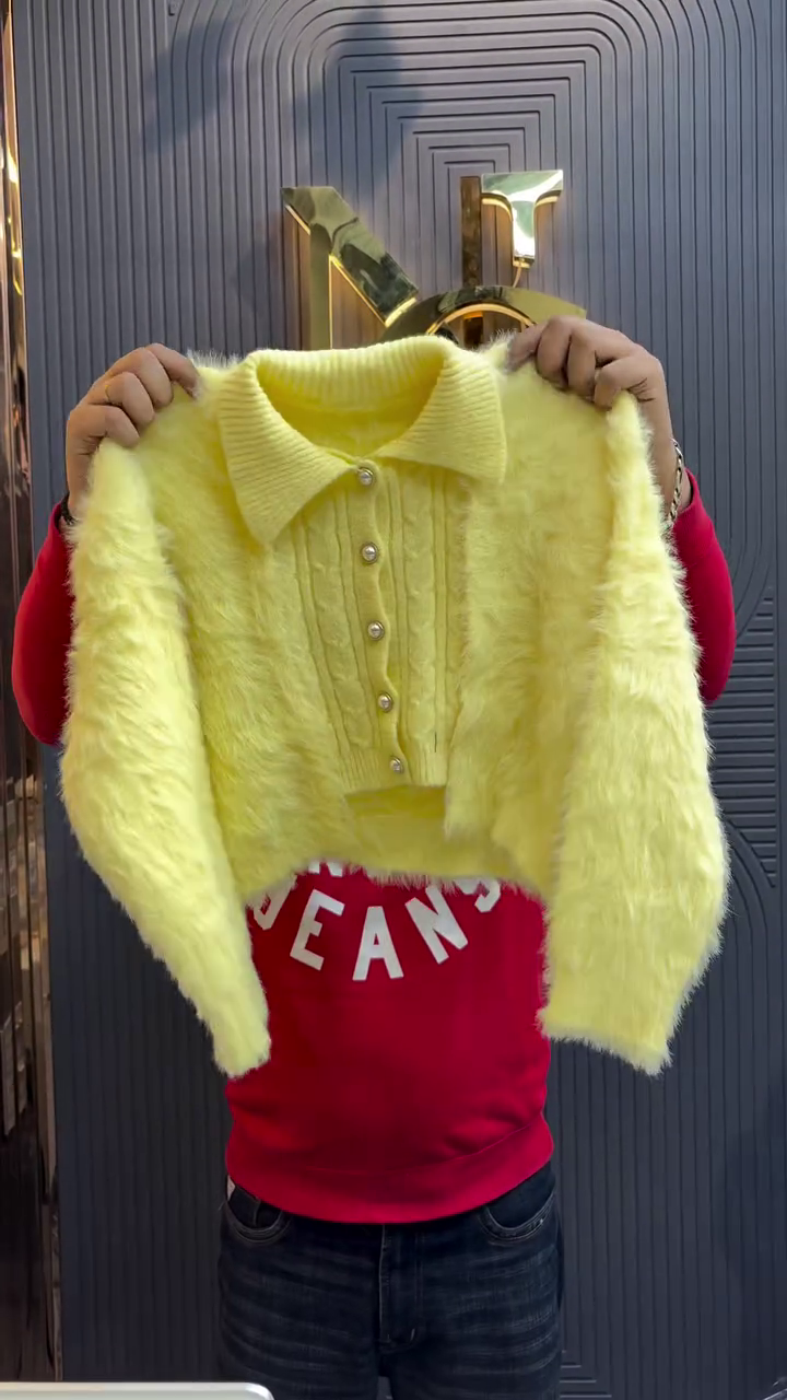 Soft Glow Furry Buttoned Crop Cardigan for Women 💛