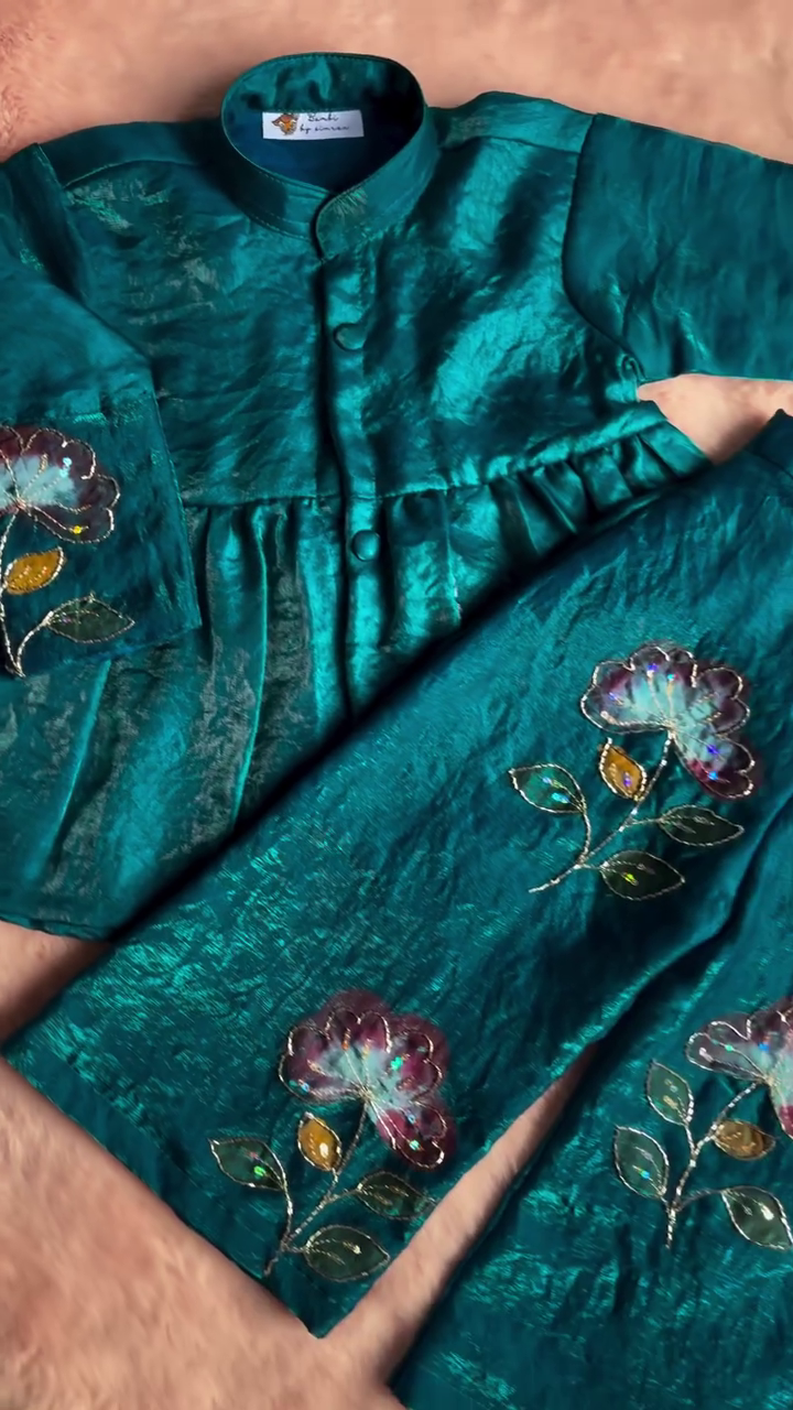 Royal Teal Embroidered Silk Kurta – Timeless Ethnic Grace For Girl