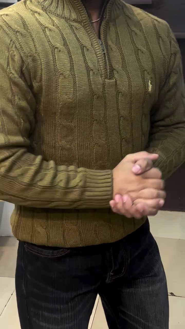 🌿 Classic Olive Cable-Knit Half-Zip Sweater – Premium Winter Essential