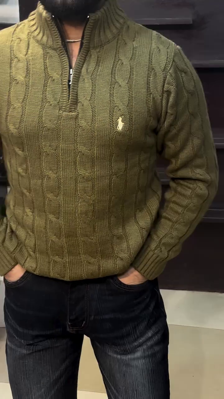 🌿 Classic Olive Cable-Knit Half-Zip Sweater – Premium Winter Essential