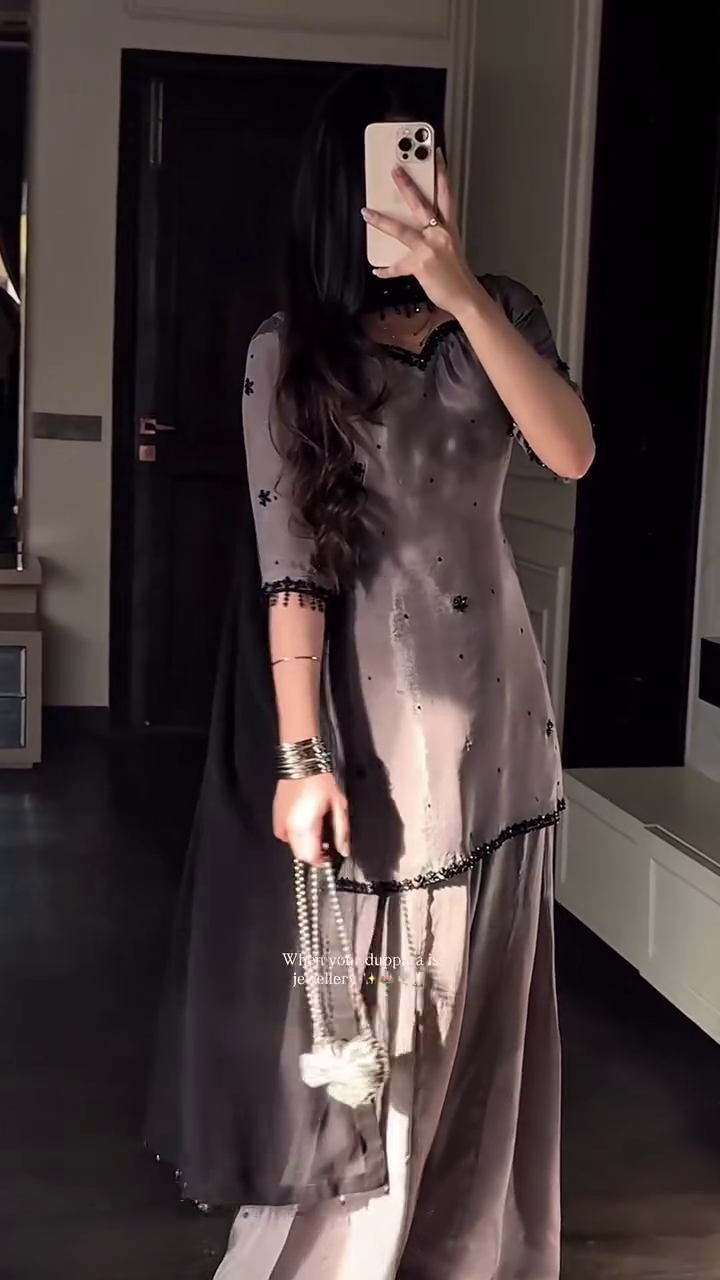 🖤 Silver Mist Elegance Embroidered Kurti & Palazzo Set – Where Grace Meets Glamour