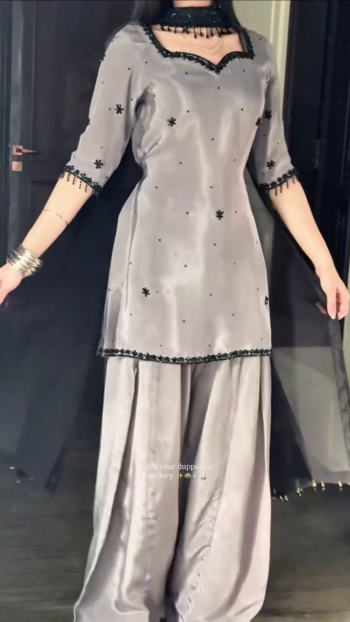 🖤 Silver Mist Elegance Embroidered Kurti & Palazzo Set – Where Grace Meets Glamour