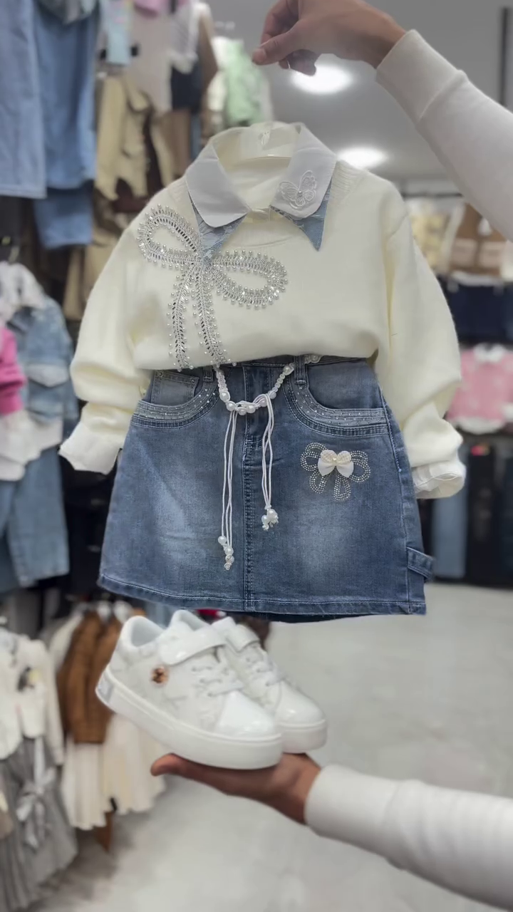 Little Princess Pearl Bow Denim Skirt Set – Premium Winter Outfit for Girls