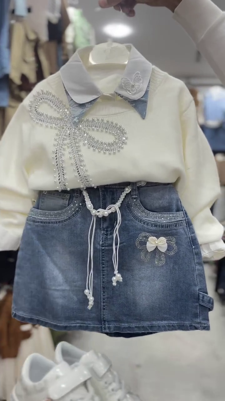 Little Princess Pearl Bow Denim Skirt Set – Premium Winter Outfit for Girls