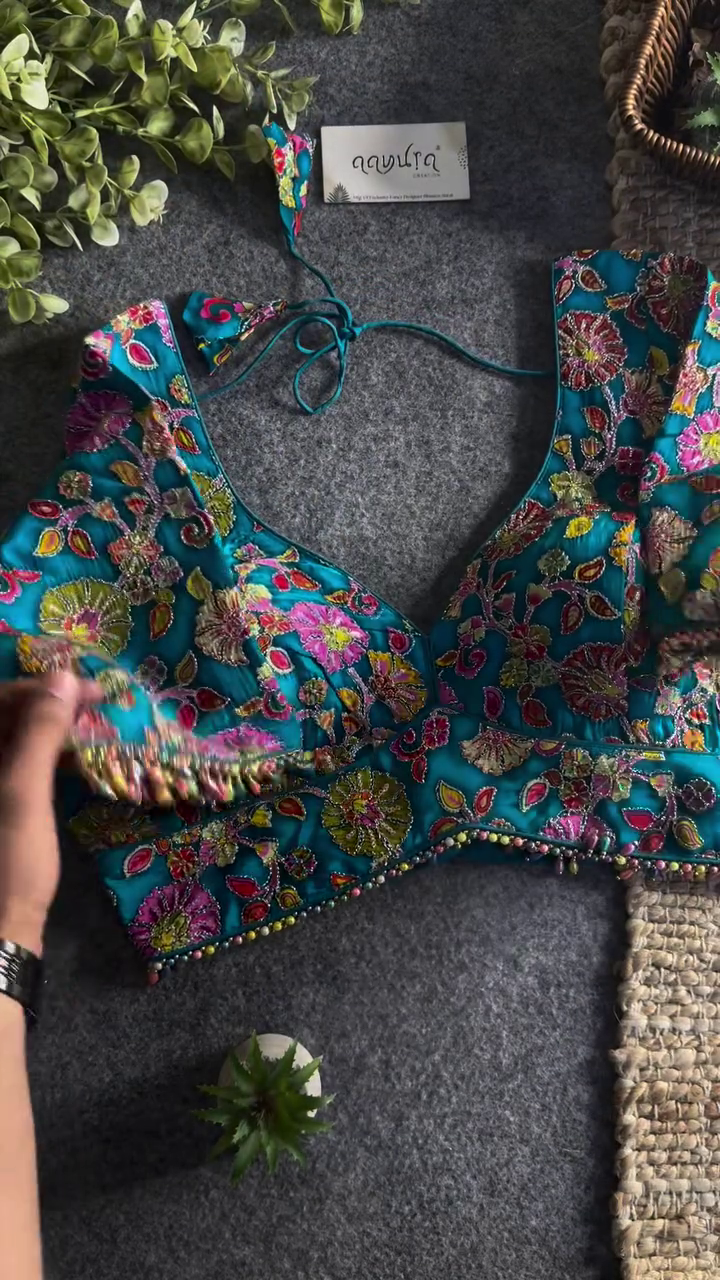 Teal Floral Embroidered Designer Blouse with Beaded Hem