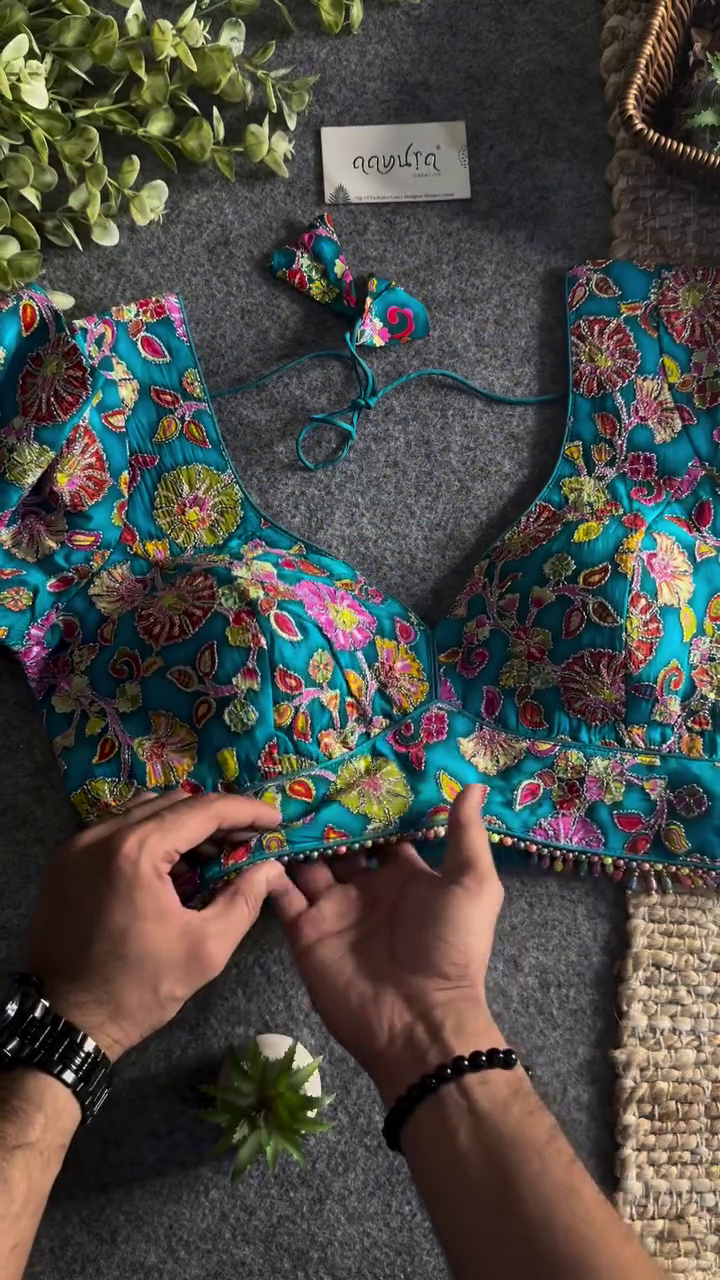 Teal Floral Embroidered Designer Blouse with Beaded Hem