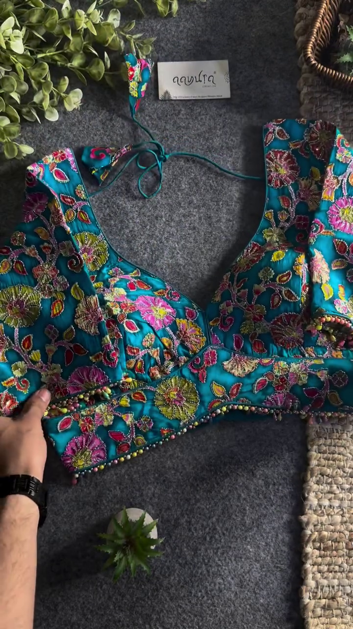 Teal Floral Embroidered Designer Blouse with Beaded Hem