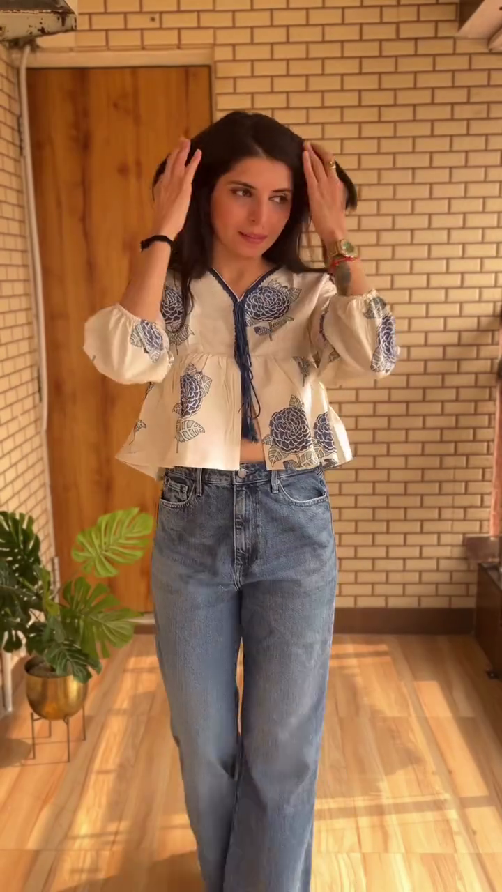 Magenta Printed Peplum Top with White Wide-Leg Trousers