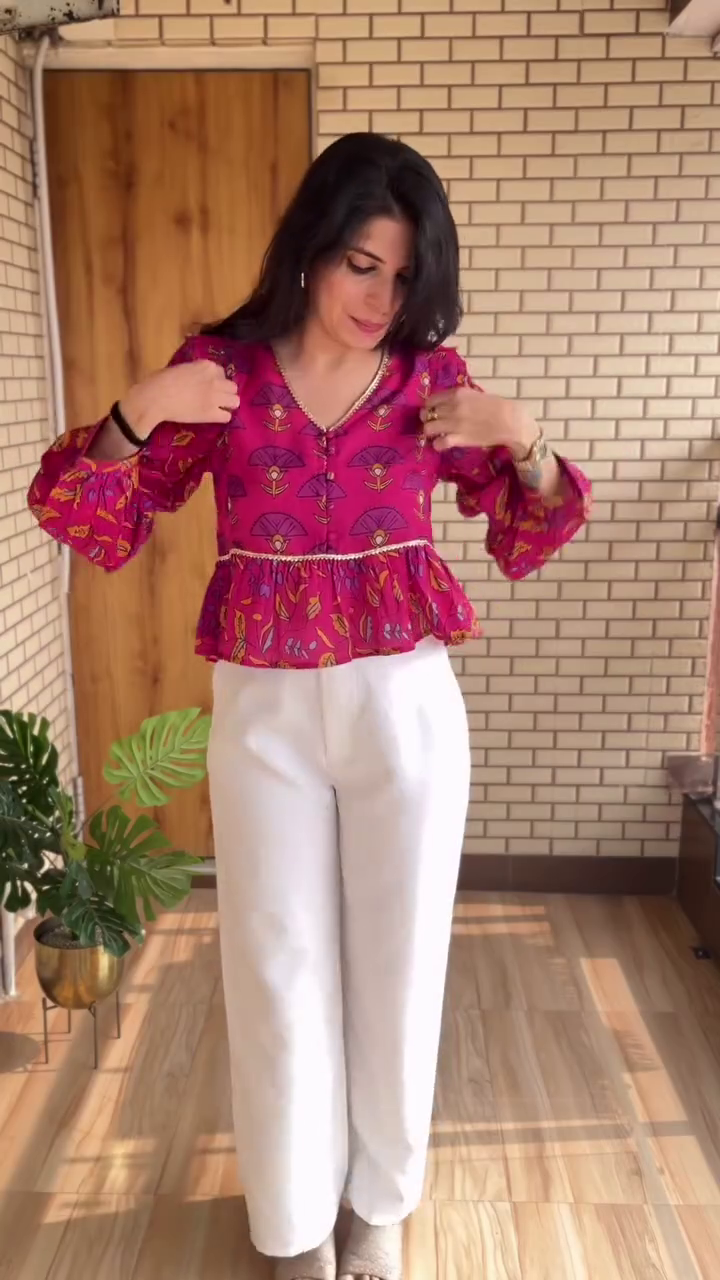 Magenta Printed Peplum Top with White Wide-Leg Trousers