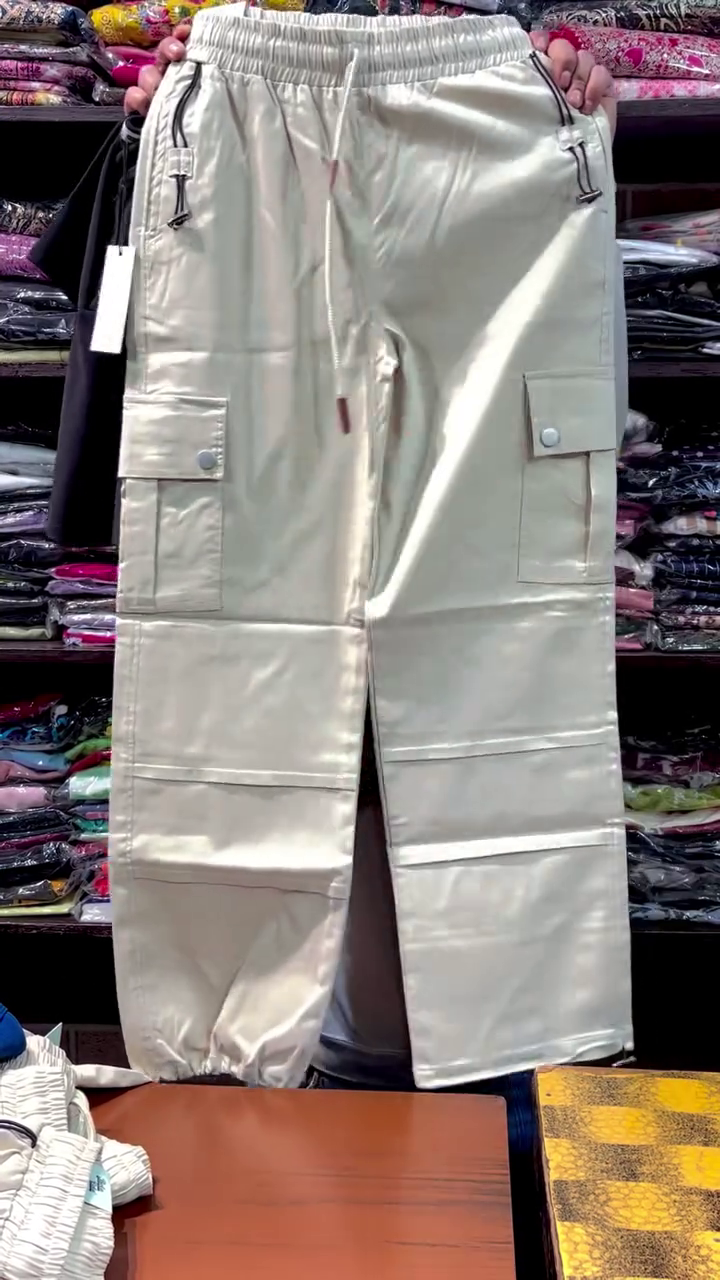 Cream Cargo-Style Satin Pants with Functional Pocket Detailing