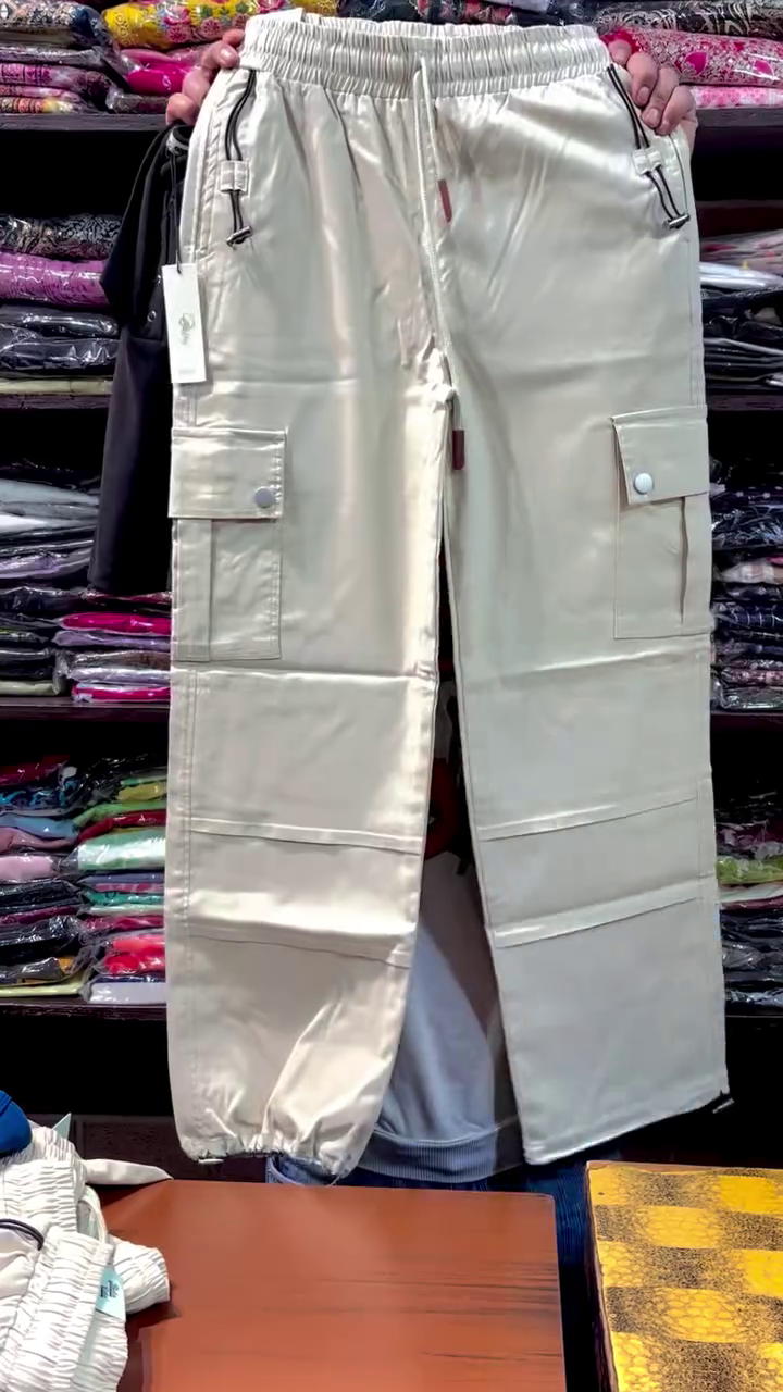 Cream Cargo-Style Satin Pants with Functional Pocket Detailing