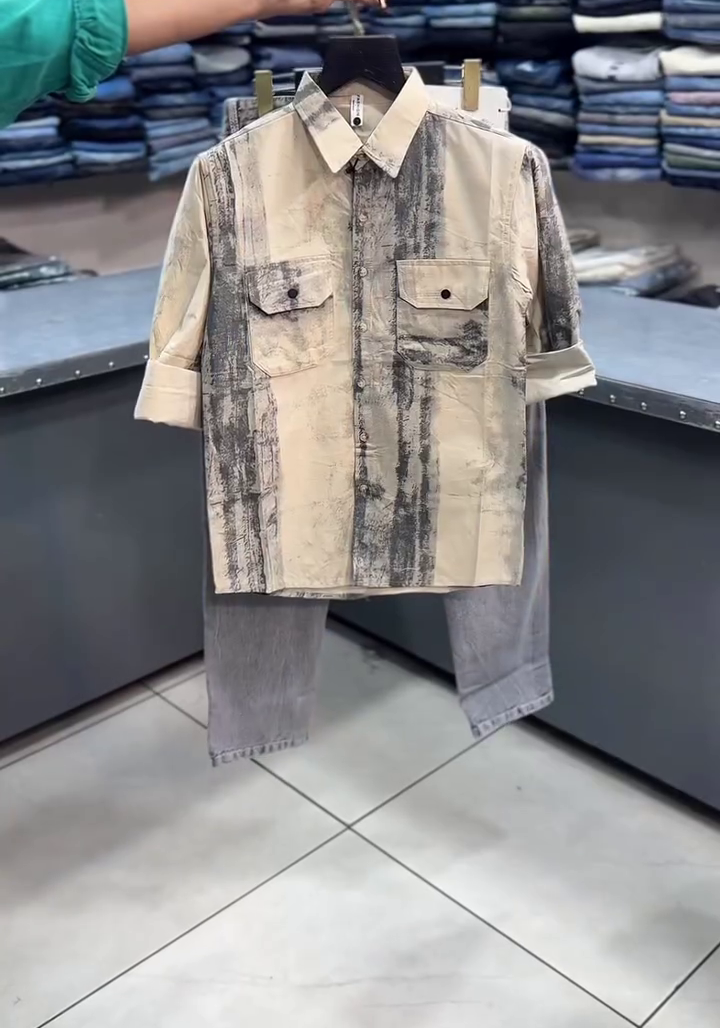 Grey & Beige Printed Shirt with Blue Denim