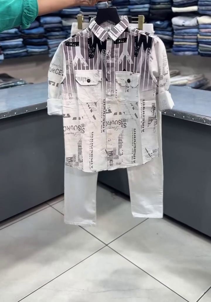 Grey & Beige Printed Shirt with Blue Denim