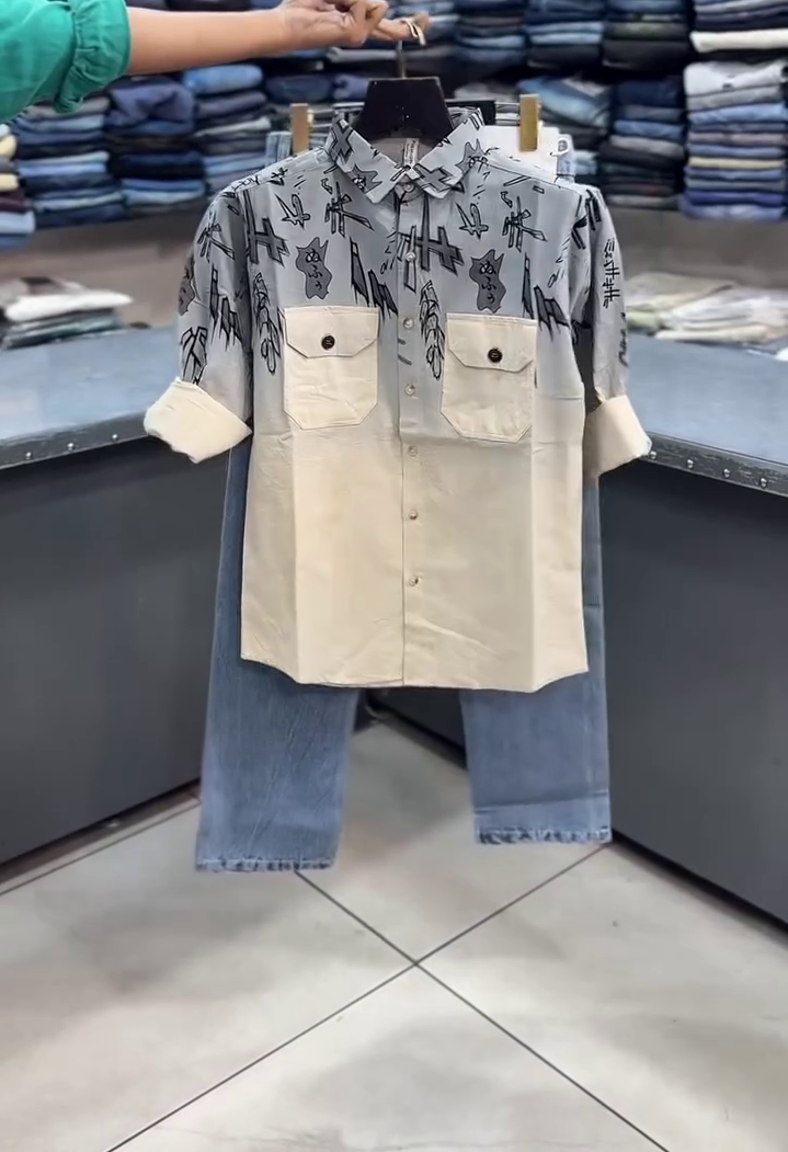 Grey & Beige Printed Shirt with Blue Denim