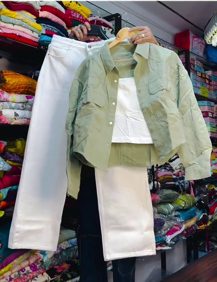Sage Green Shirt with White Wide-Leg Pants