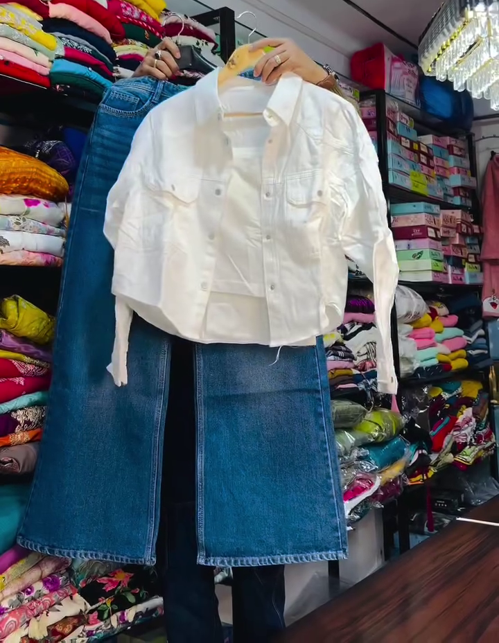 Sage Green Shirt with White Wide-Leg Pants