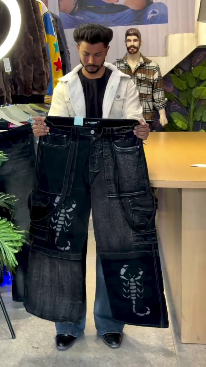 Premium Black Wide-Leg Jeans with Unique Scorpion Graphic Design