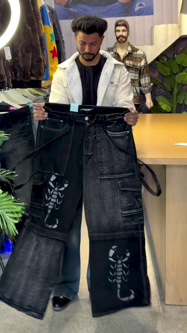 Premium Black Wide-Leg Jeans with Unique Scorpion Graphic Design