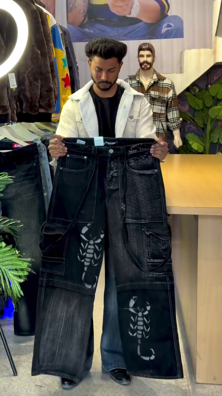 Premium Black Wide-Leg Jeans with Unique Scorpion Graphic Design