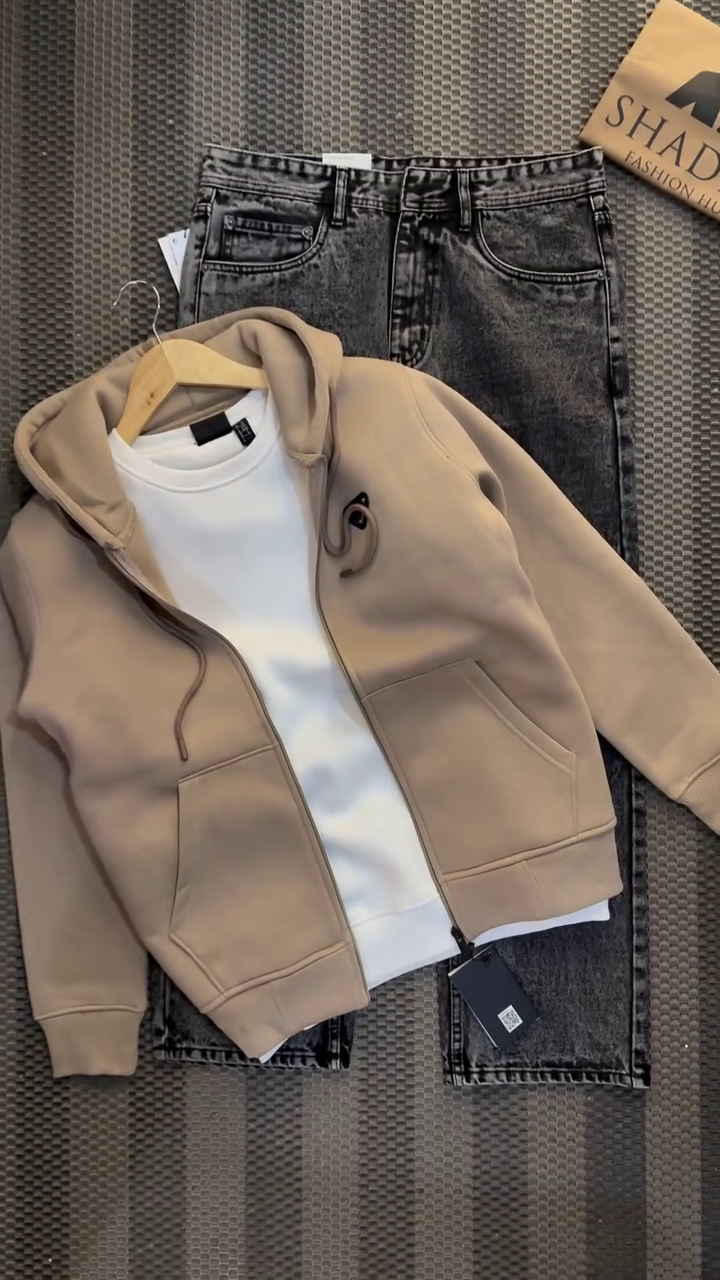 Beige Zip Hoodie with White T-Shirt and Washed Black Jeans