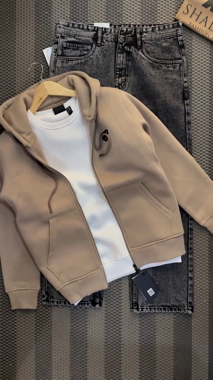 Beige Zip Hoodie with White T-Shirt and Washed Black Jeans