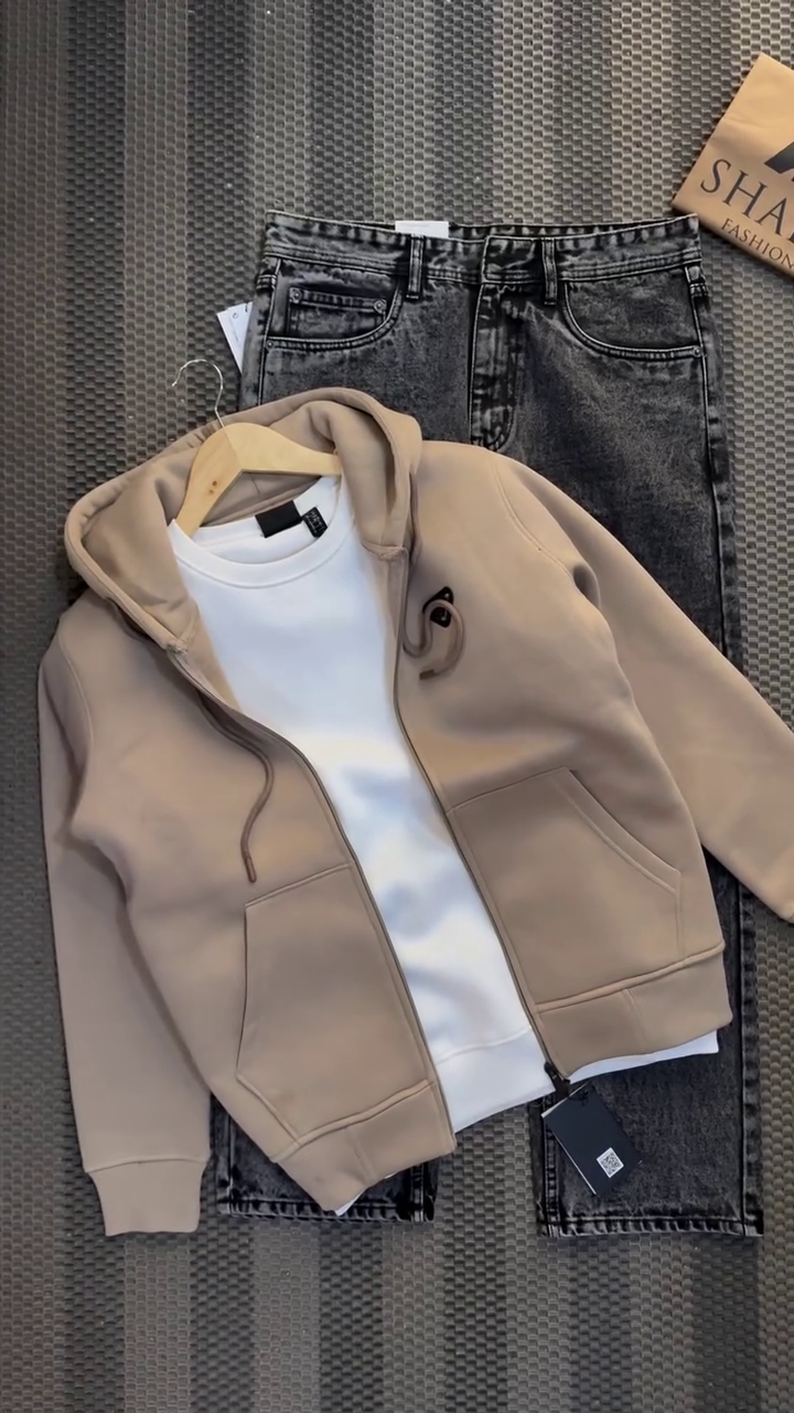 Beige Zip Hoodie with White T-Shirt and Washed Black Jeans