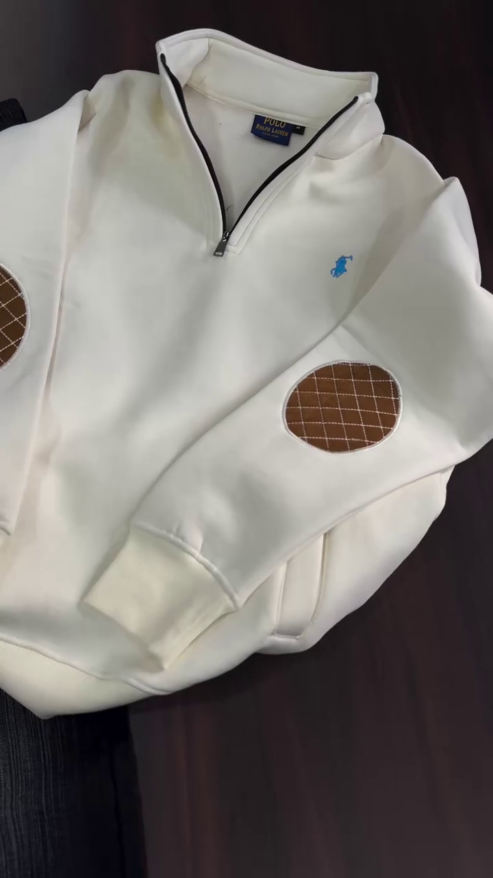 White Half-Zip Sweatshirt with Elbow Patches
