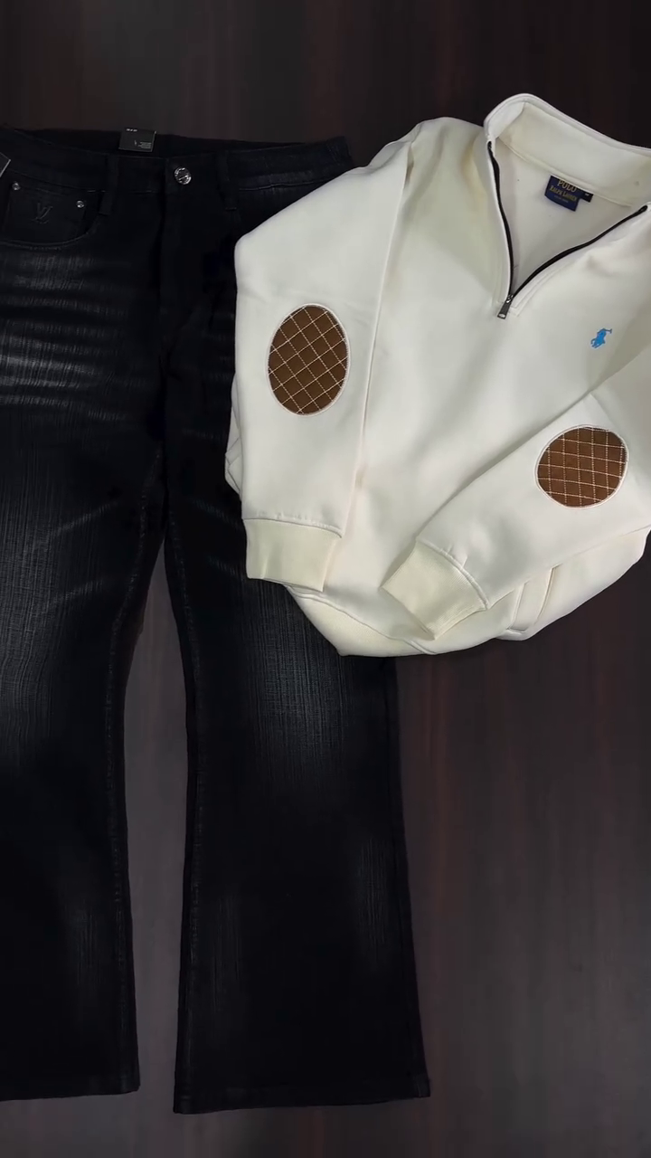 White Half-Zip Sweatshirt with Elbow Patches