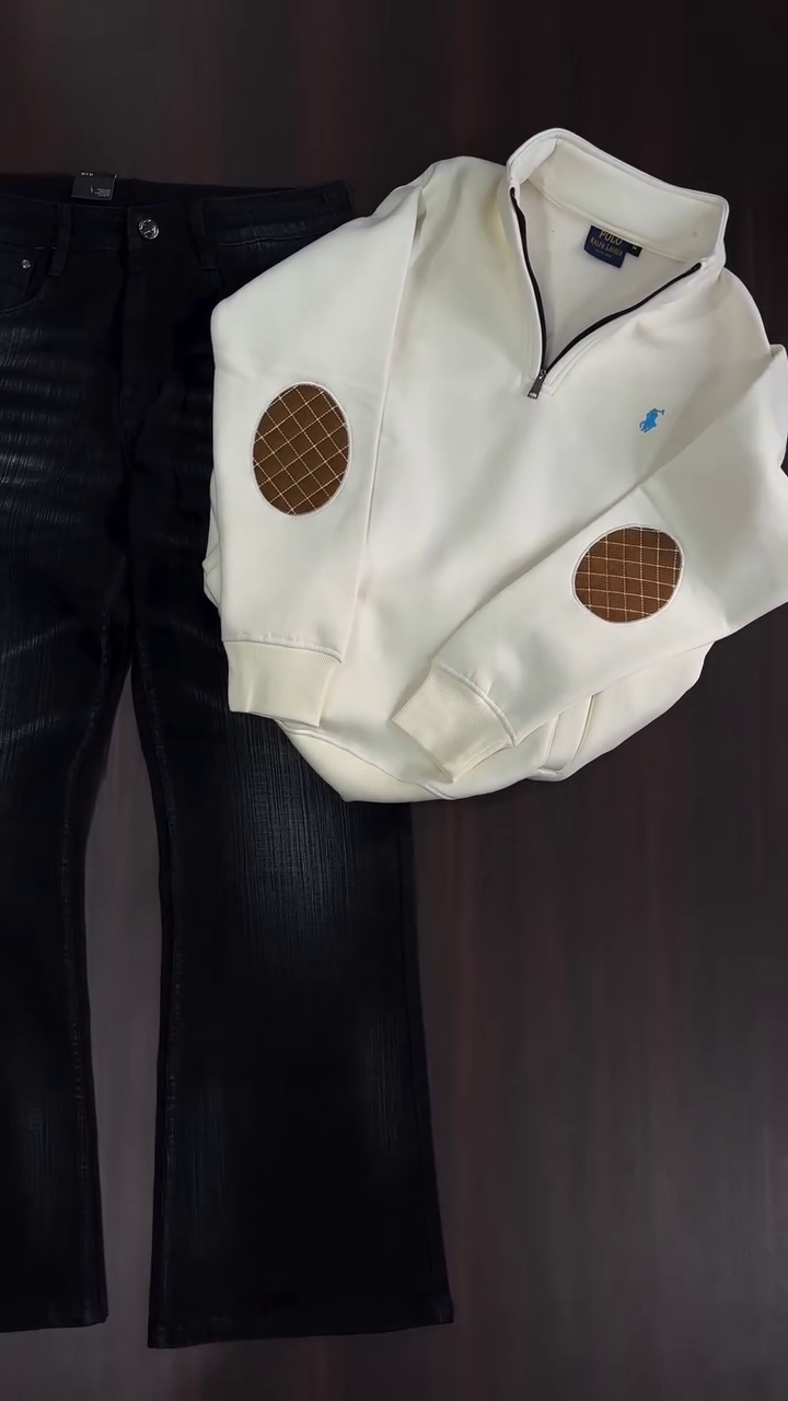 White Half-Zip Sweatshirt with Elbow Patches