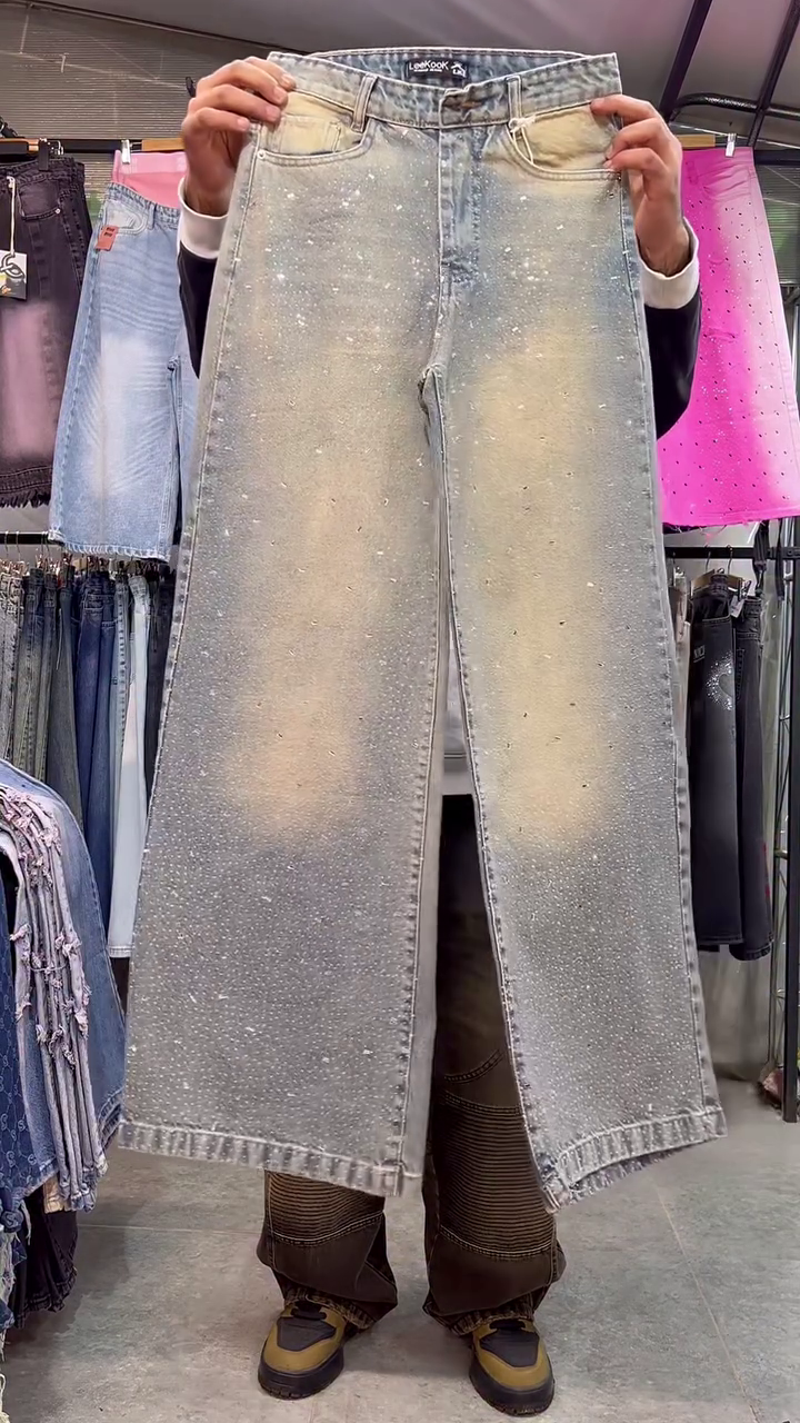 Wide-Leg Rhinestone Light Wash Jeans