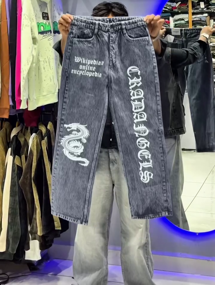 Grey Graphic Printed Denim Jeans