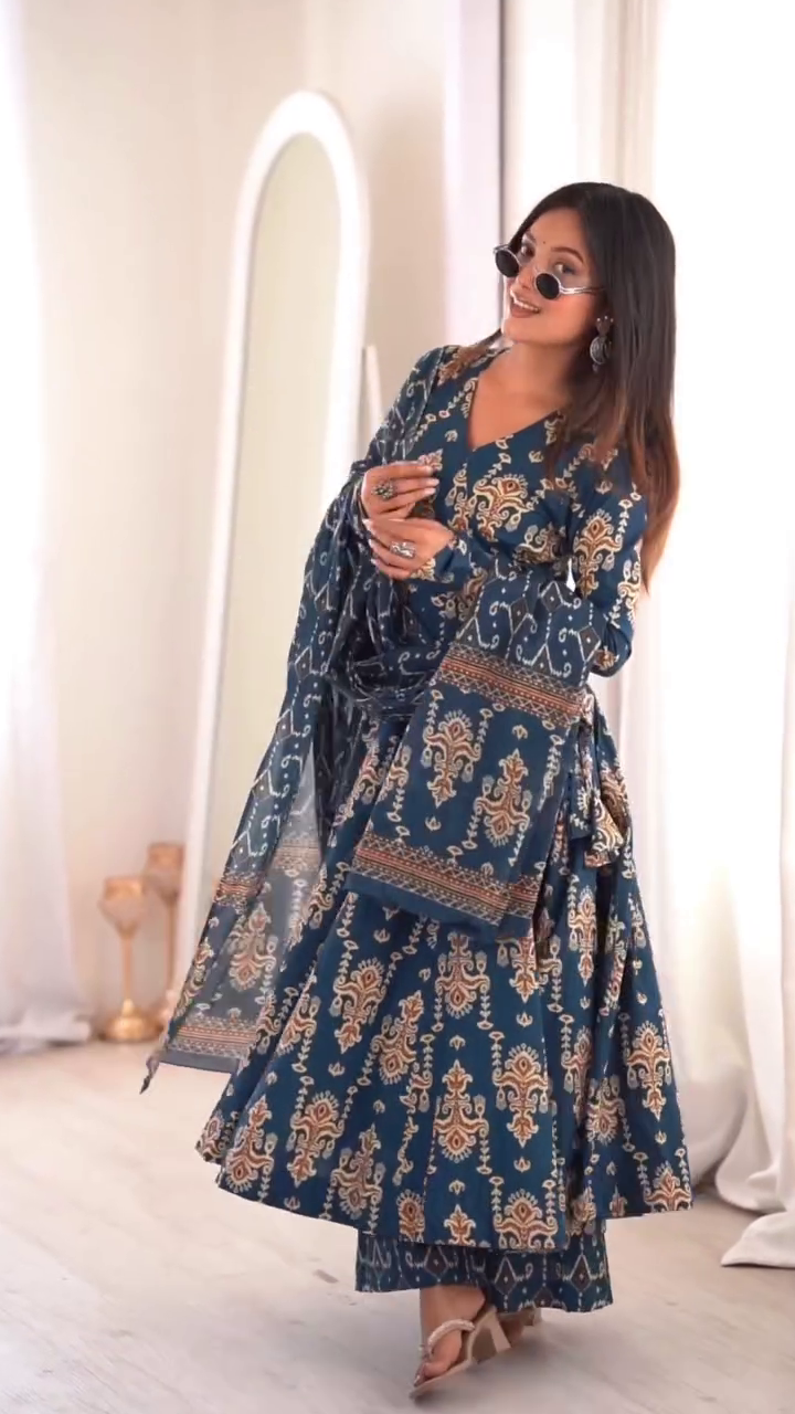 Elegant Teal Printed Anarkali Kurta with Dupatta