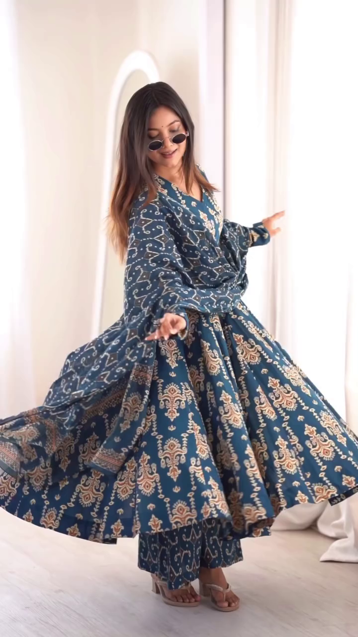 Elegant Teal Printed Anarkali Kurta with Dupatta