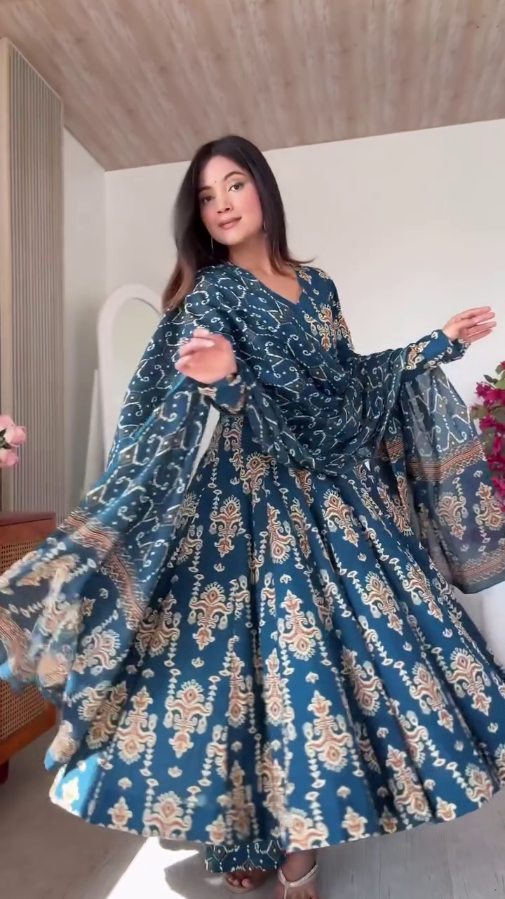 Elegant Teal Printed Anarkali Kurta with Dupatta