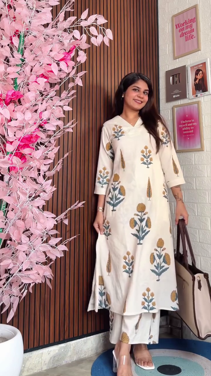 Cream Embroidered Kurta Set