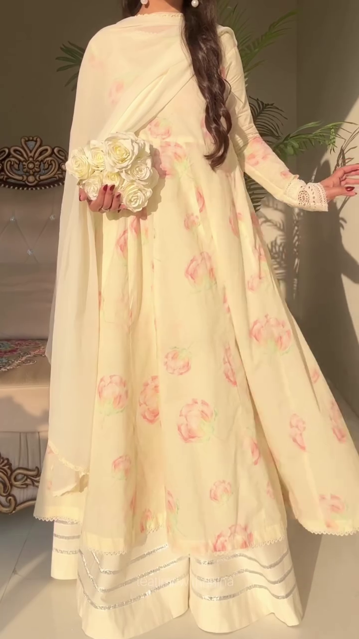 Elegant Cream Floral Anarkali Set with Graceful Flow and Timeless Charm
