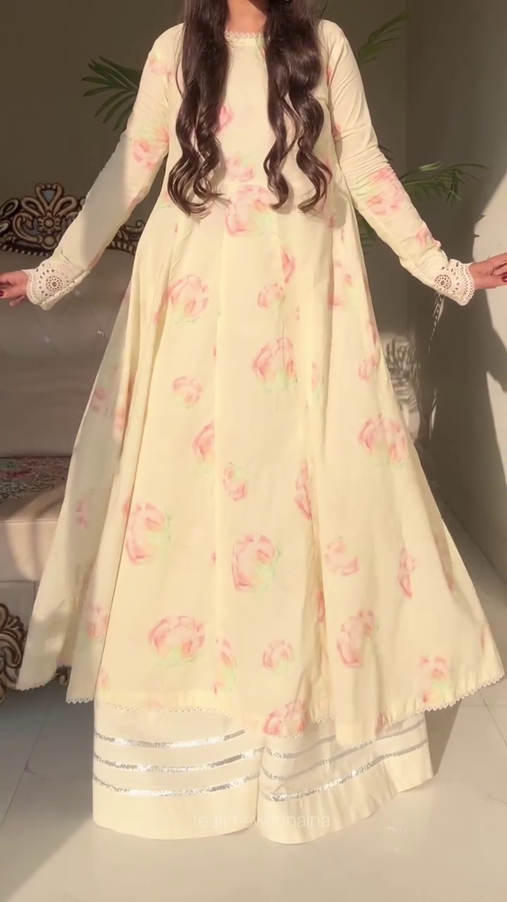Elegant Cream Floral Anarkali Set with Graceful Flow and Timeless Charm