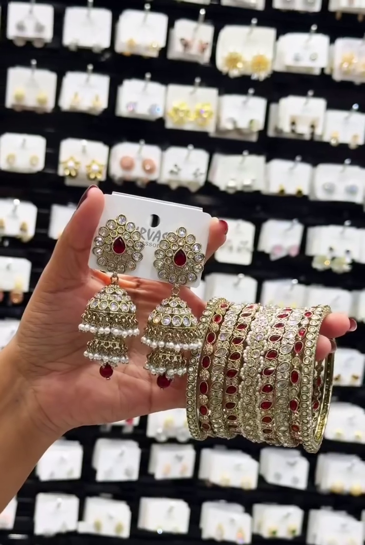 Traditional Gold-Tone Kundan Jhumka Earrings and Red Stone Bridal Bangle Set