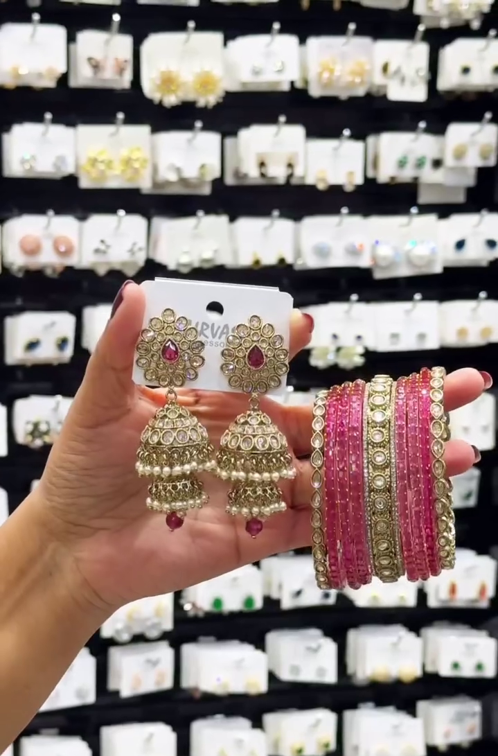 Traditional Gold-Tone Kundan Jhumka Earrings and Red Stone Bridal Bangle Set