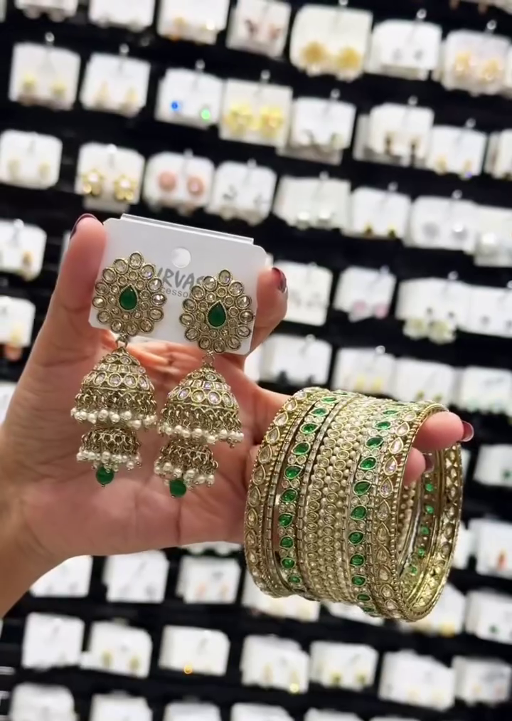 Traditional Gold-Tone Kundan Jhumka Earrings and Red Stone Bridal Bangle Set