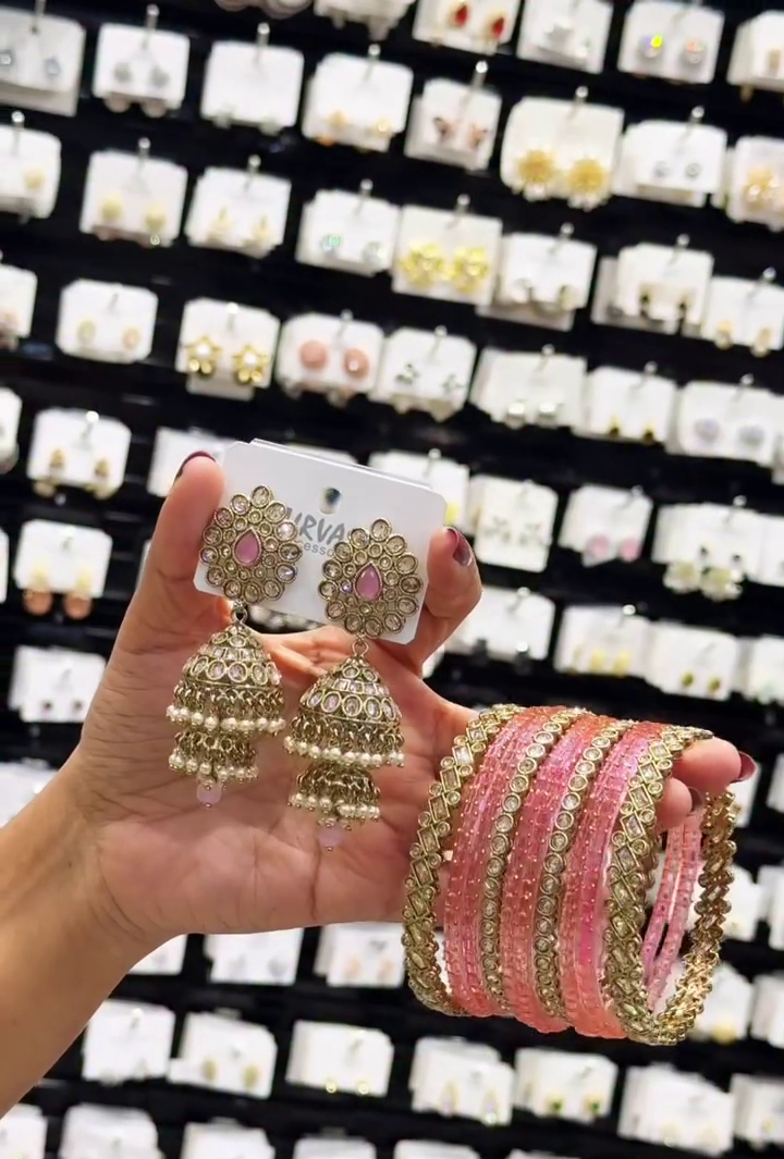 Traditional Gold-Tone Kundan Jhumka Earrings and Red Stone Bridal Bangle Set