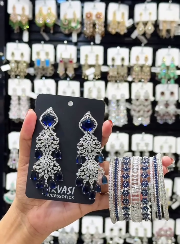 Elegant Silver-Tone Blue Crystal Chandelier Earrings with Matching Designer Bangle Set