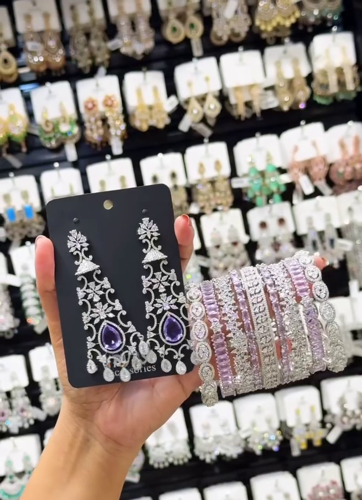 Elegant Silver-Tone Blue Crystal Chandelier Earrings with Matching Designer Bangle Set