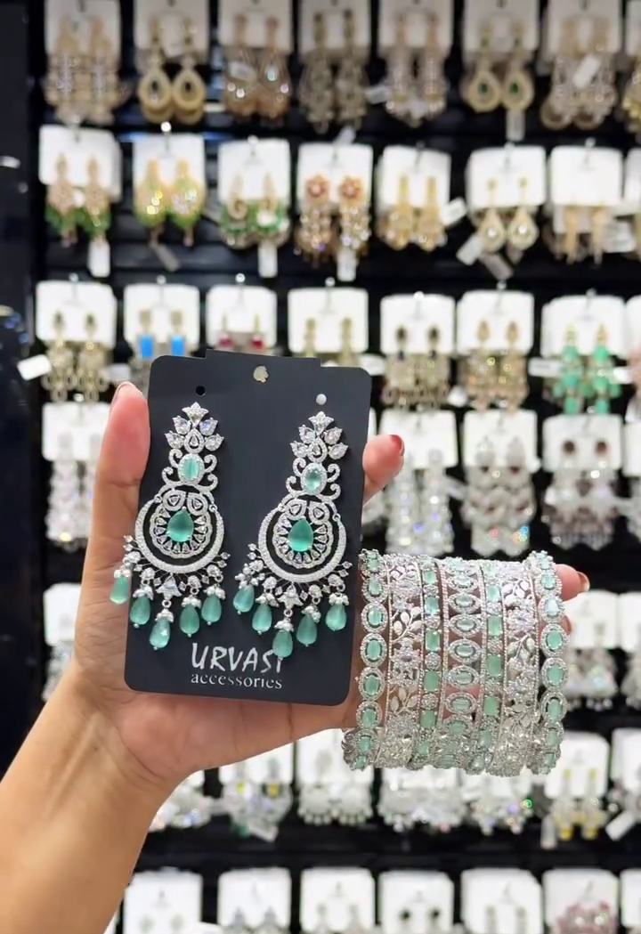 Elegant Silver-Tone Blue Crystal Chandelier Earrings with Matching Designer Bangle Set