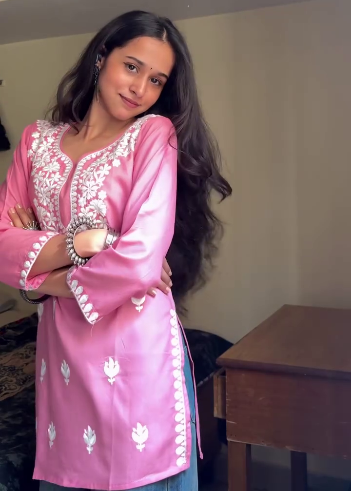Chic Pink and White Printed Cotton Kurti