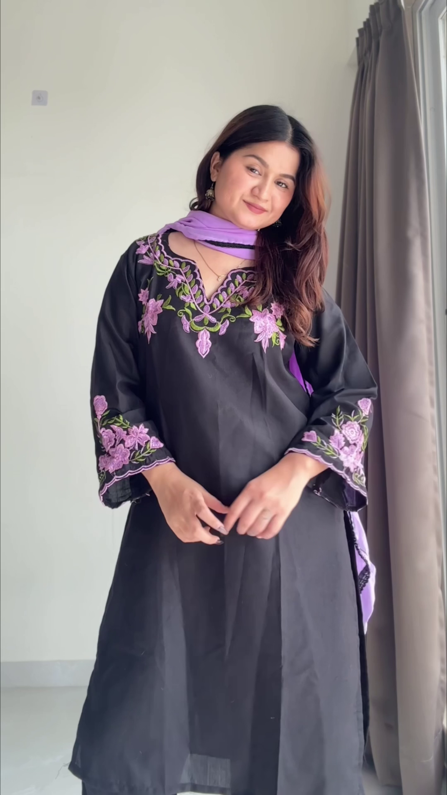 Elegant Black Embroidered Ethnic Suit with Lavender Accents