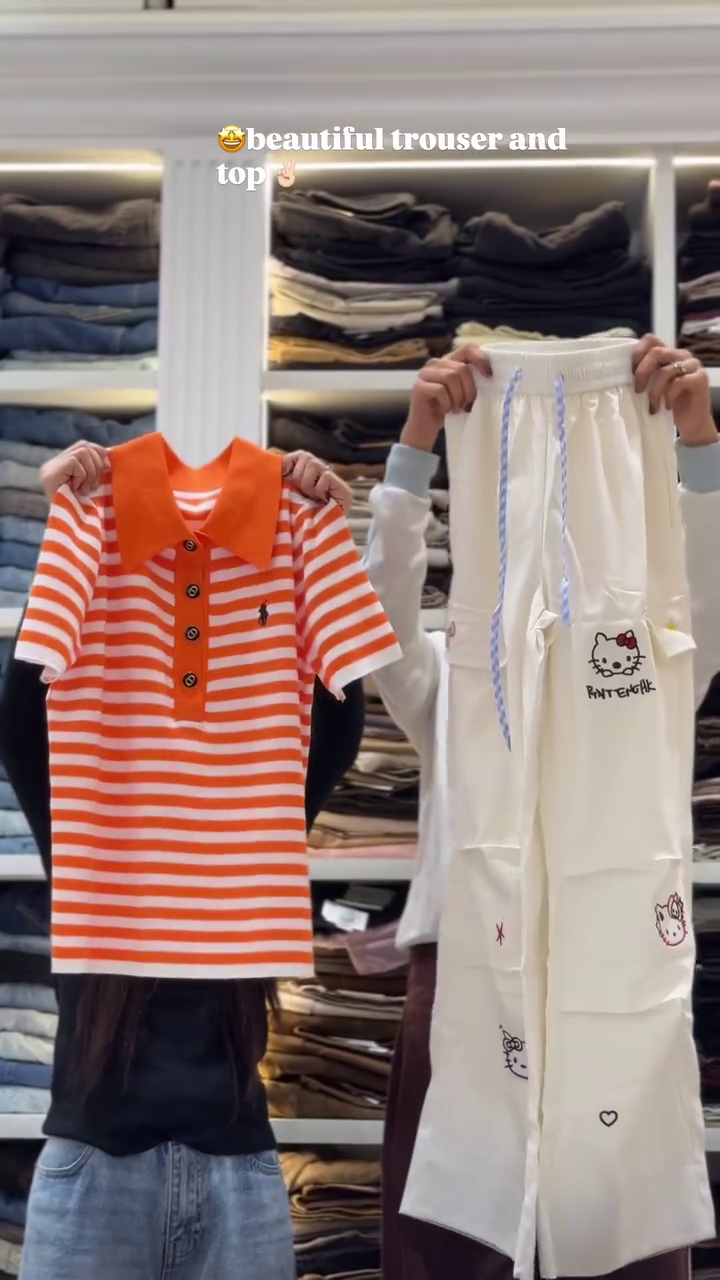 Playful Printed White Trousers with Classic Black Polo Top